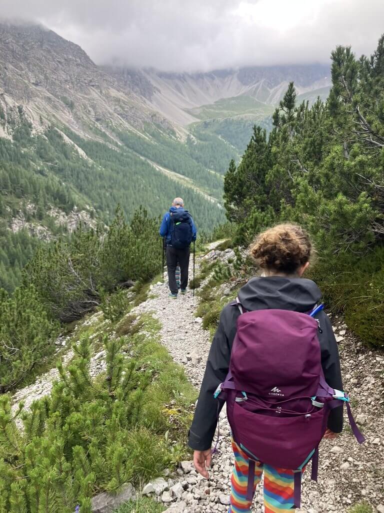 A family descending a narrow mountain trail surrounded by lush greenery and stunning alpine valleys during an Austria hut hike with kids