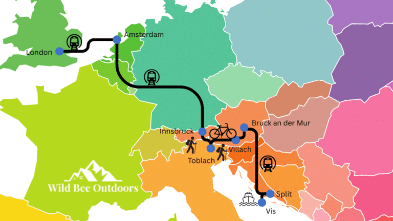 A colourful illustrated map showing a travel route from London to Vis via Amsterdam, Innsbruck, Toblach, Villach, Bruck an der Mur, and Split. Train icons mark rail segments, with hiker and bike icons in the Alps region; "Wild Bee Outdoors" logo appears over France.