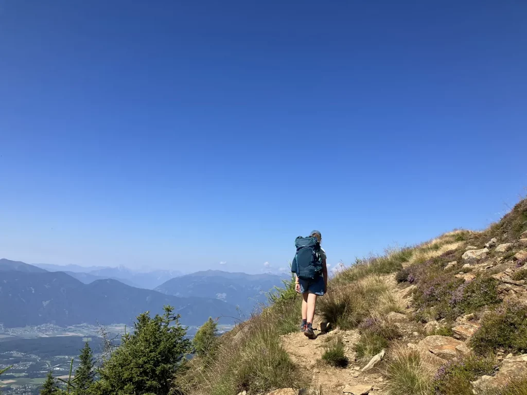 A lone hiker ascending a narrow dirt trail lined with grass and wildflowers, overlooking valleys and mountains in Austria.