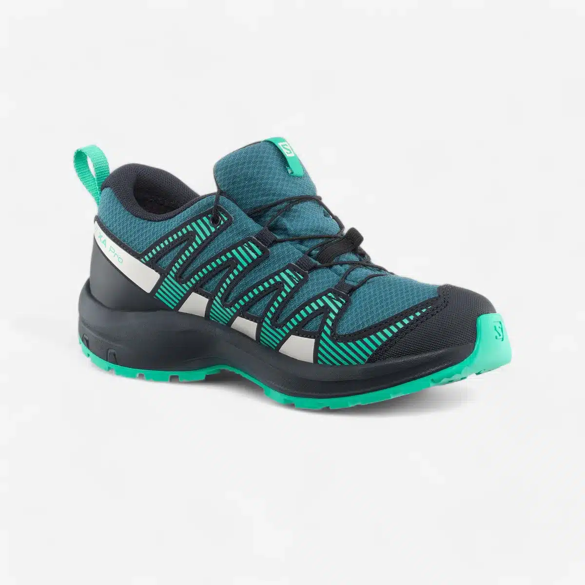 Teal and black kids trail running shoe with bright green tread and side stripes, offering breathable mesh material and secure laces for all-terrain grip.