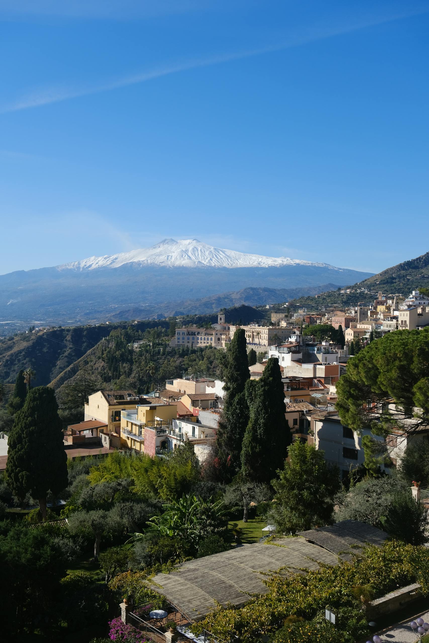 Scenic landscape of Taormina, Sicily with Mount Etna in the background.