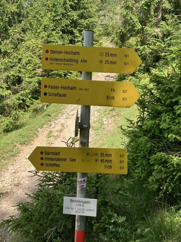 A bright yellow signpost with multiple trail directions including Steiner-Hochalm and Scheffauer stands along a forested path, helping guide trekkers on the Wilder Kaiser hut to hut hike from Kufstein.