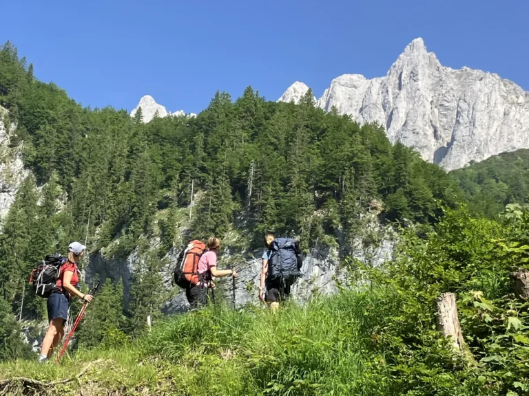 Three hikers with backpacks and trekking poles walk through a grassy alpine pass below limestone cliffs, enjoying a sunny day on the Wilder Kaiser hut to hut hike from Kufstein.
