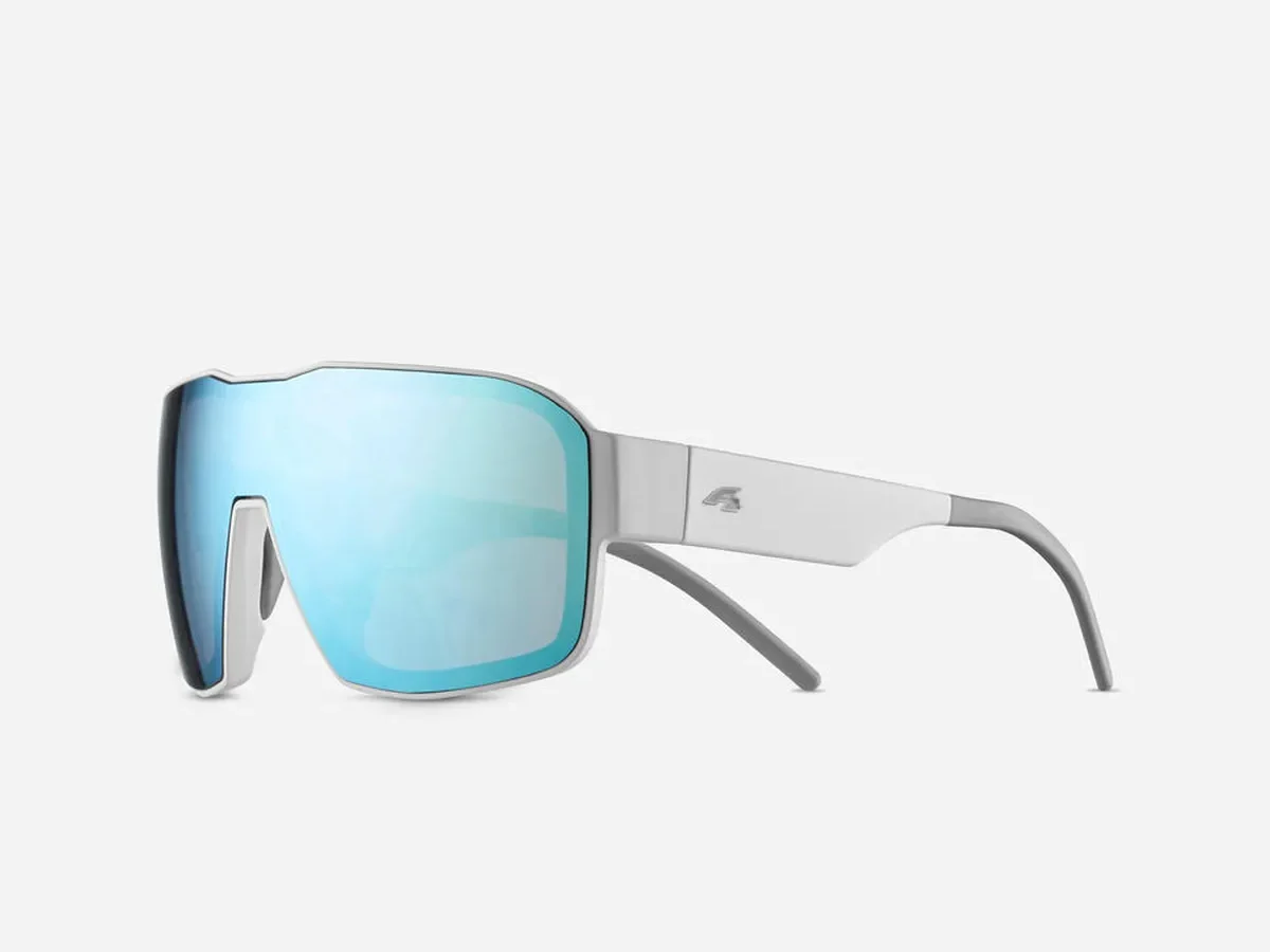 Sporty ski sunglasses featuring reflective blue lenses and a modern gray frame, ideal for high-altitude sun protection. A stylish and high-performance ski gift idea.
