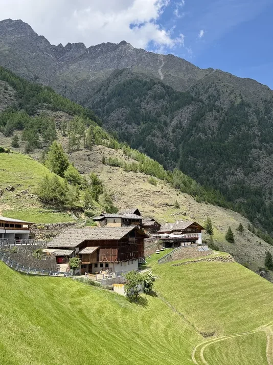 A cluster of traditional wooden farm buildings sits on a steep vivid green hillside beneath rugged forested mountains. Curving tracks run through the meadow below the buildings.